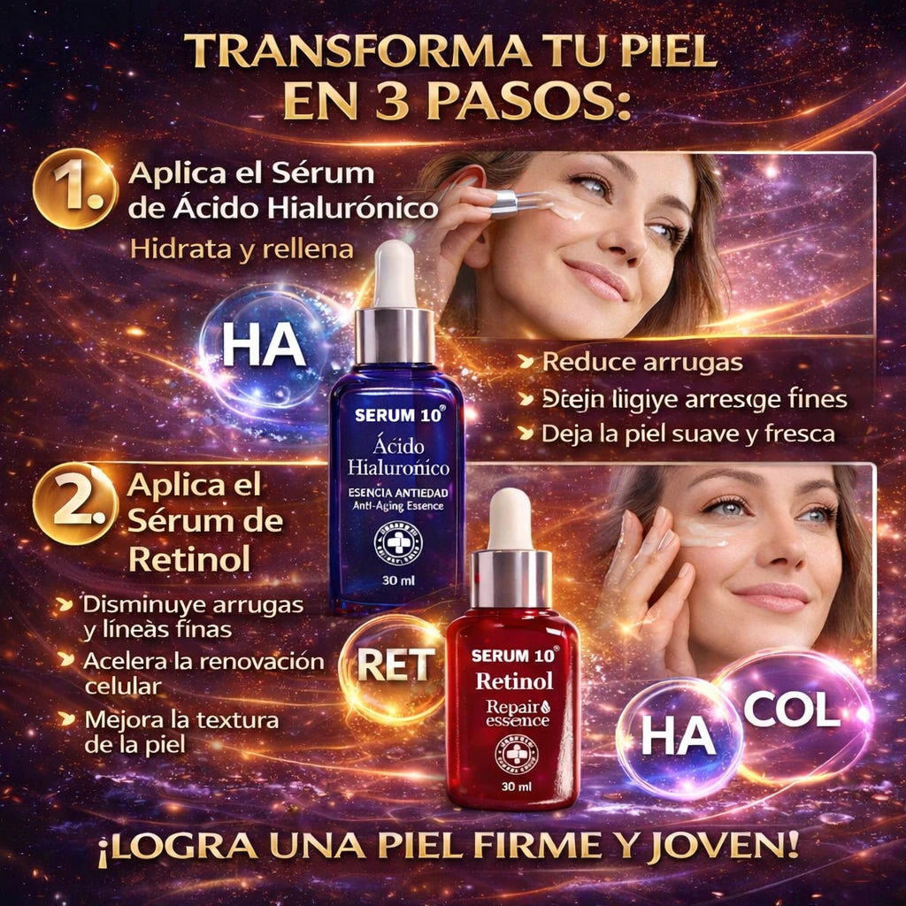 Antiedad 360° | COMPRA serum de RETINOL mas el de acido HIALURONICO y te sale GRATIS el de COLAGENO